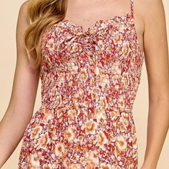NEW! Cute Smocked Bodice Tie Front Boho Red Floral Spaghetti Strap Slip Dress - Picture 3 of 8